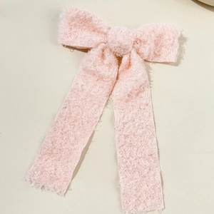 Pink plush teddy fleece bow hair clip with long ribbons for elegant winter hair accessory