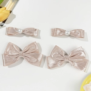 Korean Style Sparkling Champagne Bow Hair Clips For Women Sweet Elegant Fabric Ribbon Hairpins Artificial Pearl Accessories