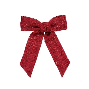 Elegant red sequin tweed bow hair clip with ribbons for women in classic vintage style
