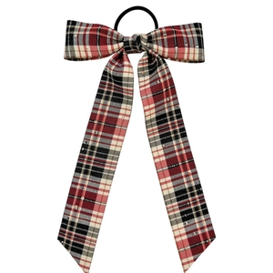 Japanese retro plaid bow hair scrunchie with long ribbons in red and black pattern