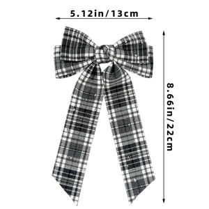 Detailed size specifications for the plaid bow hair clip with measurements in cm and inches