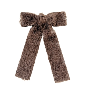 Elegant brown teddy faux fur bow hair clip with long ribbons for autumn and winter