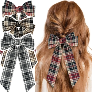 British Retro Plaid Bow Hair Clip With Long Streamers Preppy Style Rhinestone Webbing Spring Clip Hair Accessories For Women