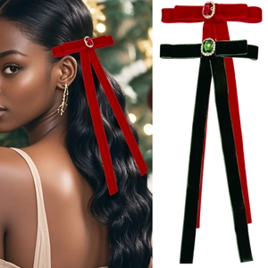 Vintage Velvet Bow Hair Clip With Long Streamers Artificial Gemstone Rhinestone Bowknot Women Festive Party Hair Accessory