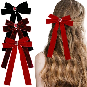 Pince à Cheveux Élégante en Velours avec Nœud et Strass Rouge Style Rétro Français avec Ruban Long Bijoux pour Femme
