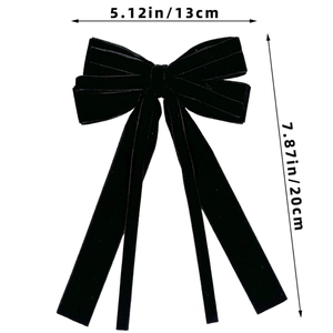Detailed size chart showing dimensions for a 13x20cm black velvet bow hair clip with ribbons