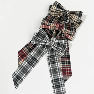 Vintage plaid ribbon bow hair clips set in classic British preppy style for women