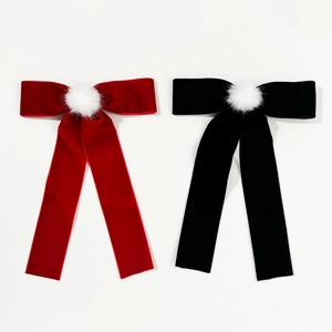 Fiocco per capelli vintage in velluto con pompon bianco e lunghi nastri rosso e nero