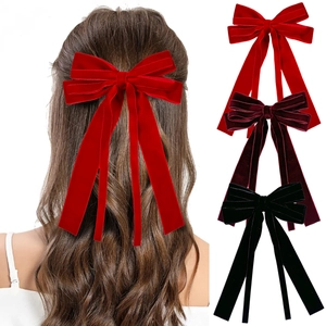 Vintage Elegant Velvet Bow Hair Clip With Long Ribbon For Women Handmade Oversized Solid Color Bowknot Hair Accessories