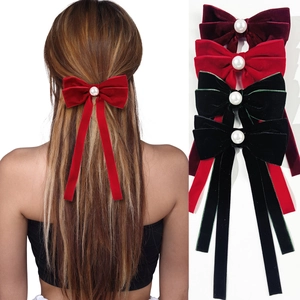 Vintage Velvet Bow Hair Clip With Faux Artificial Pearl Long Streamers Retro Elegant Duckbill Clip Hair Accessories For Women Party
