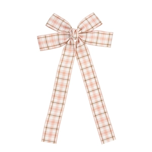 Pink and white plaid bow hair clip with long ribbons in elegant Japanese academy style