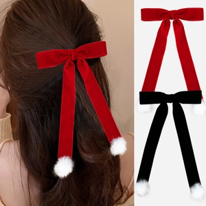 Pince à Cheveux Nœud en Velours pour Femmes Élégante Épingle à Cheveux Long Ruban avec Pompons en Fausse Fourrure Blanche