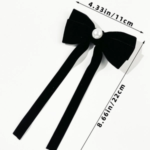 Detailed dimensions of the black velvet bow hair clip with pearl and long ribbon tails