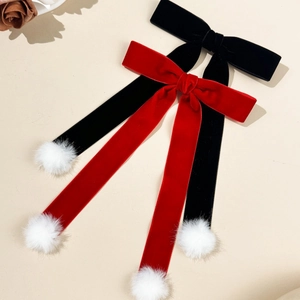 Barrettes à nœuds en velours élégantes avec pompons blancs en rouge et noir