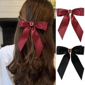 Barrette à Nœud en Satin Français Élégante pour Femmes Décoration de Pierres Précieuses en Strass Pince à Ressort Accessoire de Coiffure