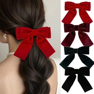 Large Velvet Bow Hair Clip For Women Elegant Double Layer Bowknot Duckbill Clip Long Ribbon Hairpin Vintage Hair Accessories