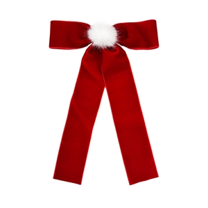 Fermaglio per capelli fiocco in velluto rosso con pompon bianco e lunghi nastri per acconciature