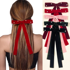 Vintage Velvet Bow Hair Clip With Long Ribbon Artificial Pearls Elegant Hair Accessories For Women Black Red Pink Green