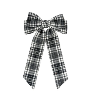 Vintage plaid bow hair clip with rhinestones and long streamers for women