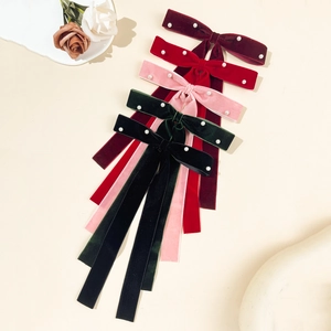 Elegant velvet bow hair clips with pearls and long ribbons in five classic colors