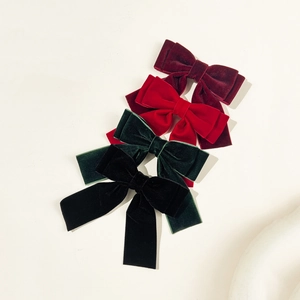 Velvet bow hair clips set in red green and black with long tails for women