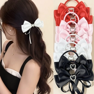 Balletcore Satin Ribbon Bow Hair Ties With Heart Rhinestone Sweet Style Korean Ins Fashion Accessories For Women Girls Headwear