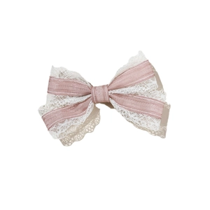Sweet pink silk bow hair clip with delicate white lace trim and double layered design