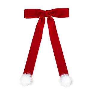 Pince à cheveux nœud en velours rouge avec pompons blancs et rubans style de Noël élégant