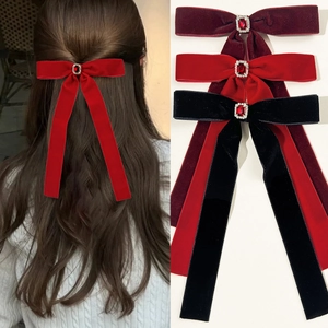 Vintage Samt Lang Band Schleife Haarklammer Für Damen Retro Elegant Strass Rot Schwarz Haarnadel Französischer Stil Haarschmuck