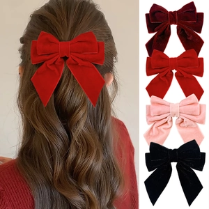 Pince à Cheveux Élégante en Velours avec Nœud pour Femmes Épingles à Cheveux Grand Nœud Rétro avec Longs Rubans Couleur Unie