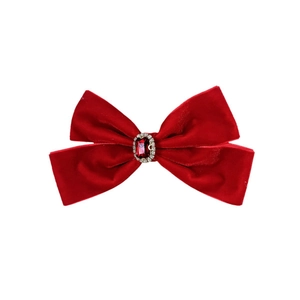 Elegant red velvet bow hair clip featuring a vintage central red gemstone and white crystals