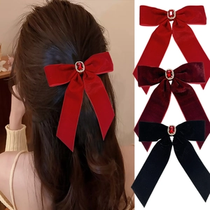 Vintage Velvet Bow Hair Clip With Red Gemstone Rhinestone Long Streamer Elegant French Hair Accessory For Women Party