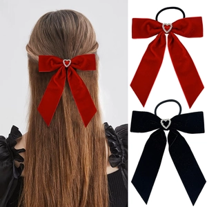 Vintage Velvet Bow Hair Tie With Rhinestone Heart Decor Long Streamer Elegant Hair Rope Elastic Hair Band For Women Girls