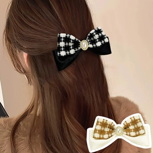 French Vintage Houndstooth Bow Hair Clips With Faux Artificial Pearl Rhinestone Satin Ribbon Duckbill Clips For Women Sweet Hair Accessories