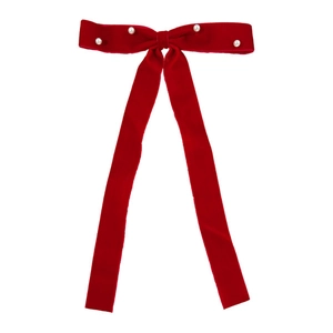 Elegant red velvet bow hair clip with white pearl accents and long vintage ribbons