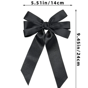 Detailed dimensions of the black satin bow hair clip with ribbons 14cm width and 24cm height