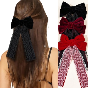 Vintage Velvet Bow Hair Clip With Long Lace Streamers Elegant French Style Spring Clip For Women Wedding Hair Accessories