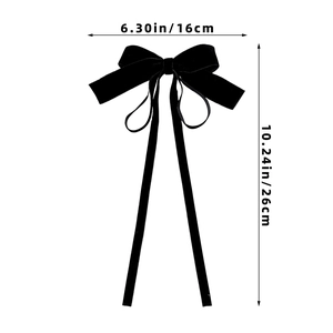 Detail size map of black velvet bow hair clip with ribbons 16cm width and 26cm height
