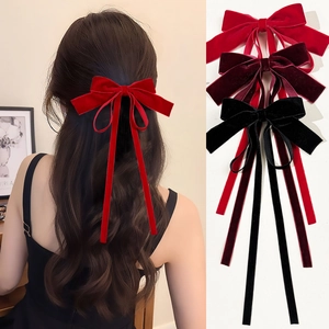 Vintage Velvet Bow Hair Clip With Long Ribbon Streamer Handmade Duckbill Clip Sweet Hair Accessories For Women Girls Party Daily