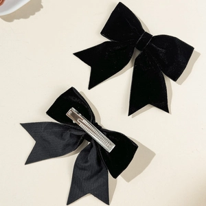 Elegant black velvet bow hair clips set for women with durable silver metal duckbill clips