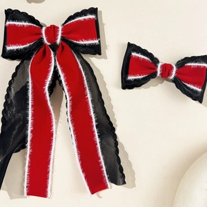 Elegant red velvet and black mesh ribbon hair bow set with white plush trim detail
