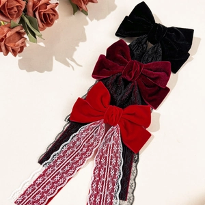Elegant velvet lace bow hair clips set in black and red colors for vintage hairstyles