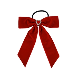 Elegant red velvet bow hair scrunchie with a hollow rhinestone heart center decoration