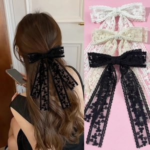 Fermaglio per Capelli con Fiocco in Pizzo Floreale da Donna Lunghi Nastri Francese Elegante Copricapo per Matrimonio