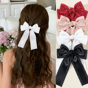 Pince à Cheveux Nœud en Satin Style Français Avec Long Ruban Bord à Volants Doux Bec de Canard Élégant Coiffe Pour Femmes