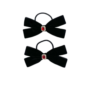 Elegant pair of black velvet bow hair ties with rectangle ruby rhinestone embellishments
