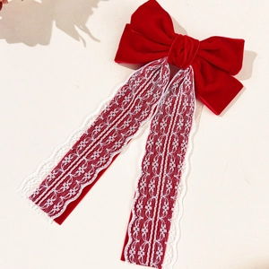 Elegant red velvet bow hair clip with white lace streamers and vintage spring metal clasp