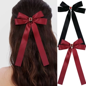 Barrette à Nœud en Satin Élégante Avec Pierre Rouge Strass Long Ruban Pince Croco Femme Accessoires Cheveux