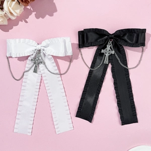 Pince à Cheveux Nœud en Satin Gothique Avec Pendentif Croix et Chaîne en Métal Lolita Accessoires de Cheveux pour Femmes