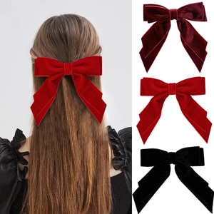 French Velvet Bow Hair Clip Retro Long Streamer Ribbon Double Layer Spring Clip Elegant Hairpin Women Hair Accessories